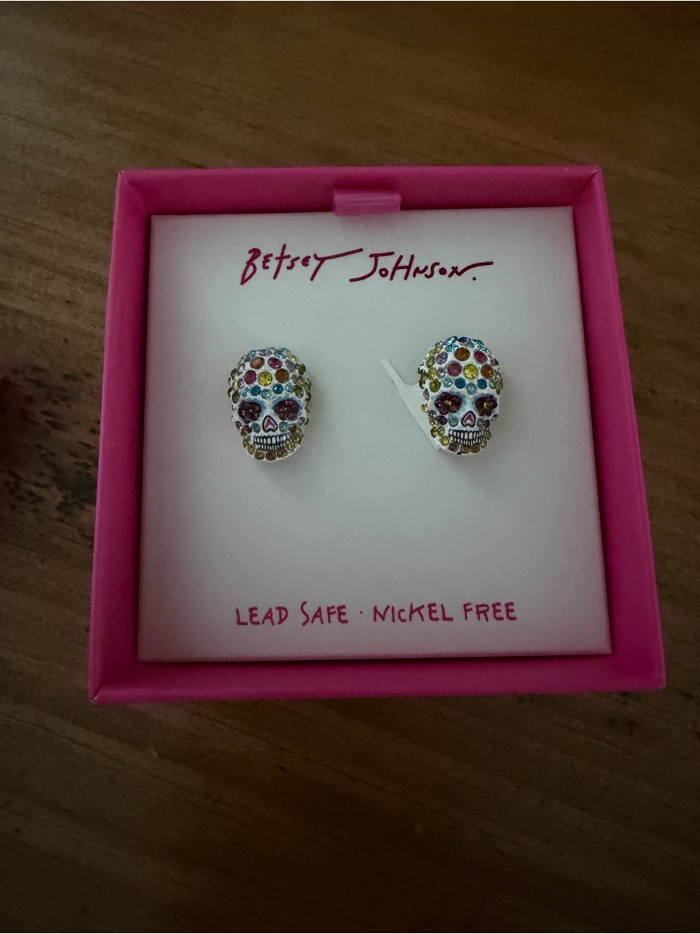 Betsey Johnson Silver Sugar Skull Earrings with Multicolored Crystals